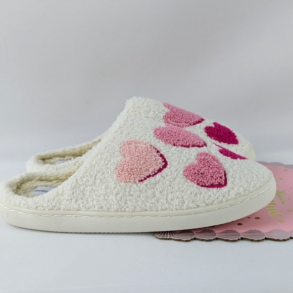 Hearts Slippers Sherpa Upper Fleece Memory Foam Slip On Ivory Pink XL (9/10) NWT - Picture 5 of 11